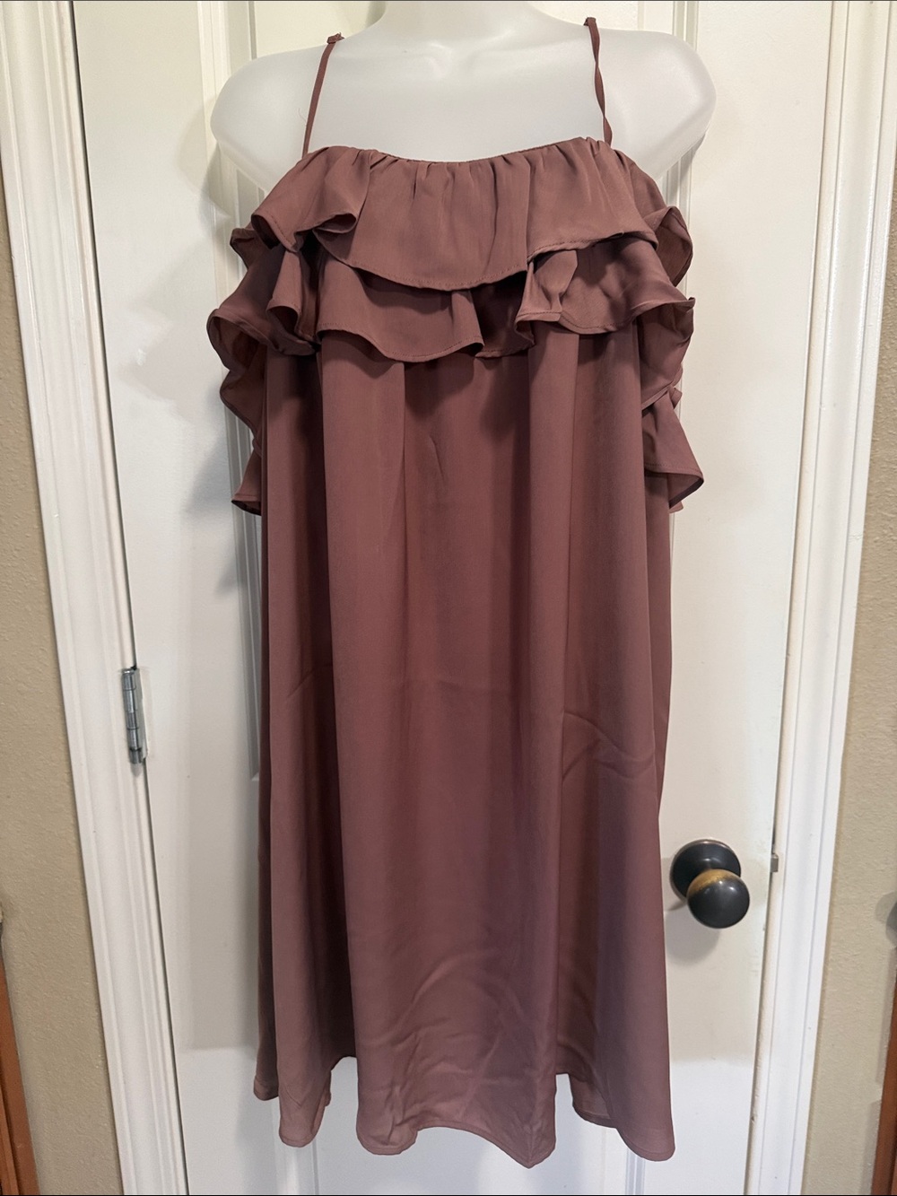 Mocha brown shift dress with ruffles. Size XL
